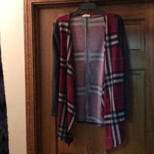 Plaid cardigan with grey sleeves